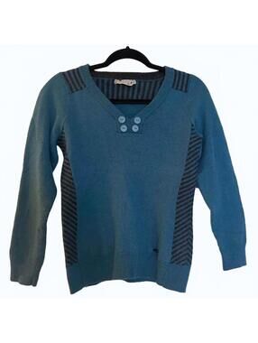 Smartwool Women's Merino Wool Striped V-Neck Sweater - Teal Blue Size M